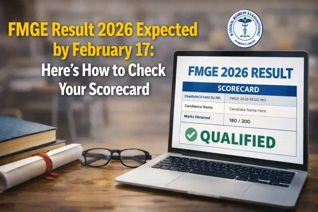 FMGE Result 2026 expected by February 17, showing scorecard on laptop with NBEMS notification