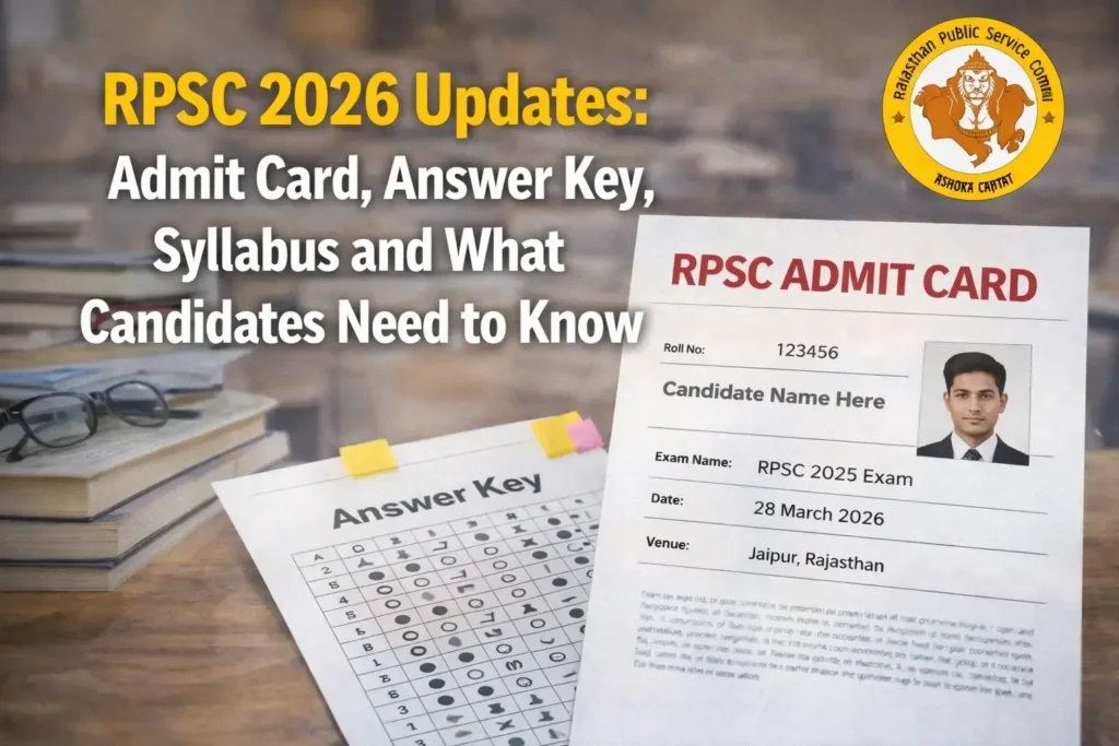 RPSC 2026 admit card, answer key, and syllabus updates shown on a desk with books and study materials, highlighting important exam information for candidates