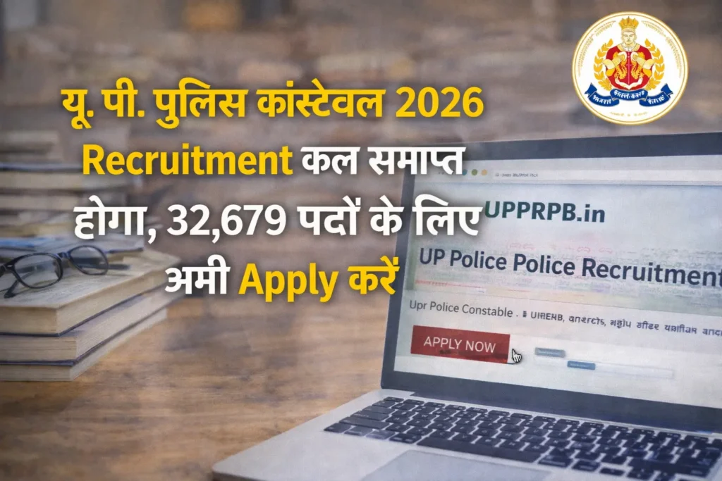 UP Police Constable 2026 recruitment announcement showing that applications for 32,679 posts will close tomorrow. A laptop screen displays the online application form with an 'Apply Now' button