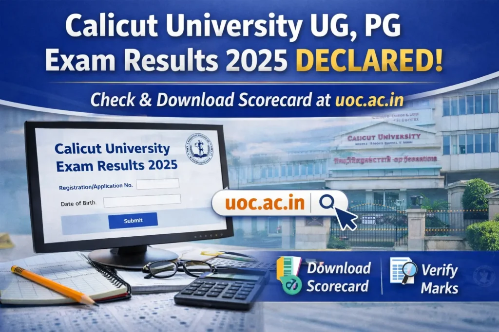 Calicut University UG and PG exam results 2025 released, students checking scorecard online at uoc.ac.in