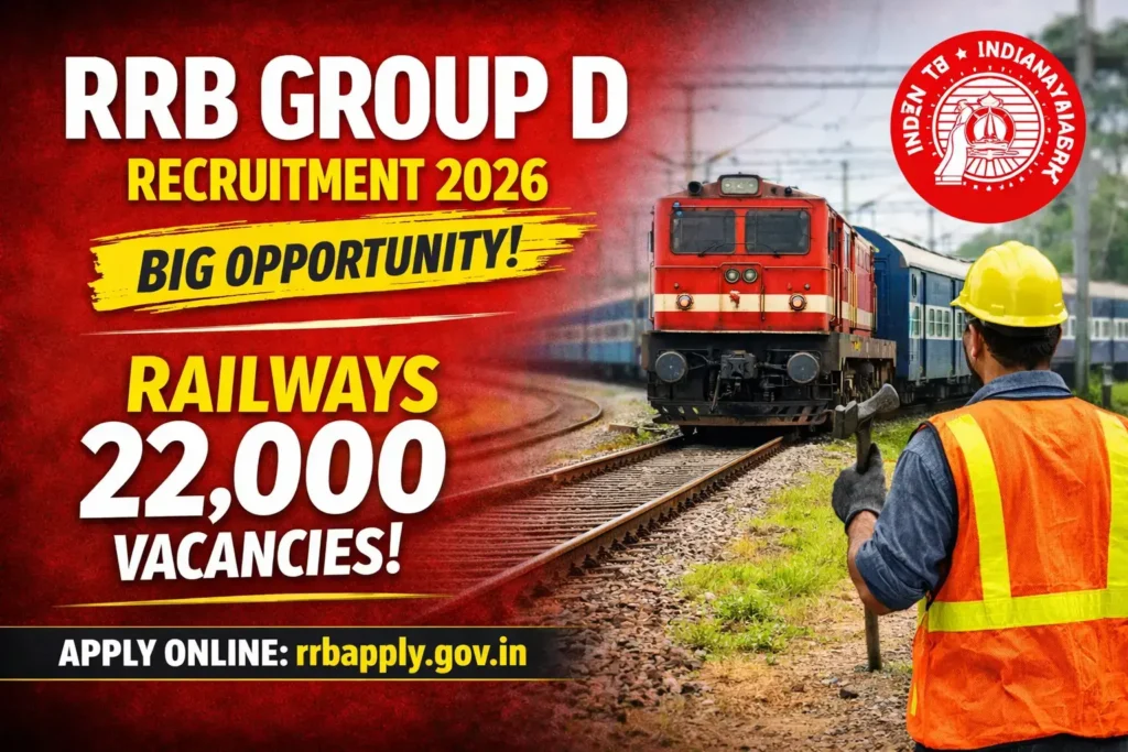 RRB Group D Recruitment 2026 poster showing Indian Railways train and track maintainer highlighting 22,000 vacancies