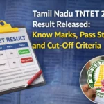 Digital graphic showing Tamil Nadu TNTET 2025 results with a clipboard displaying roll numbers, marks, and pass/fail status, alongside the Tamil Nadu government emblem