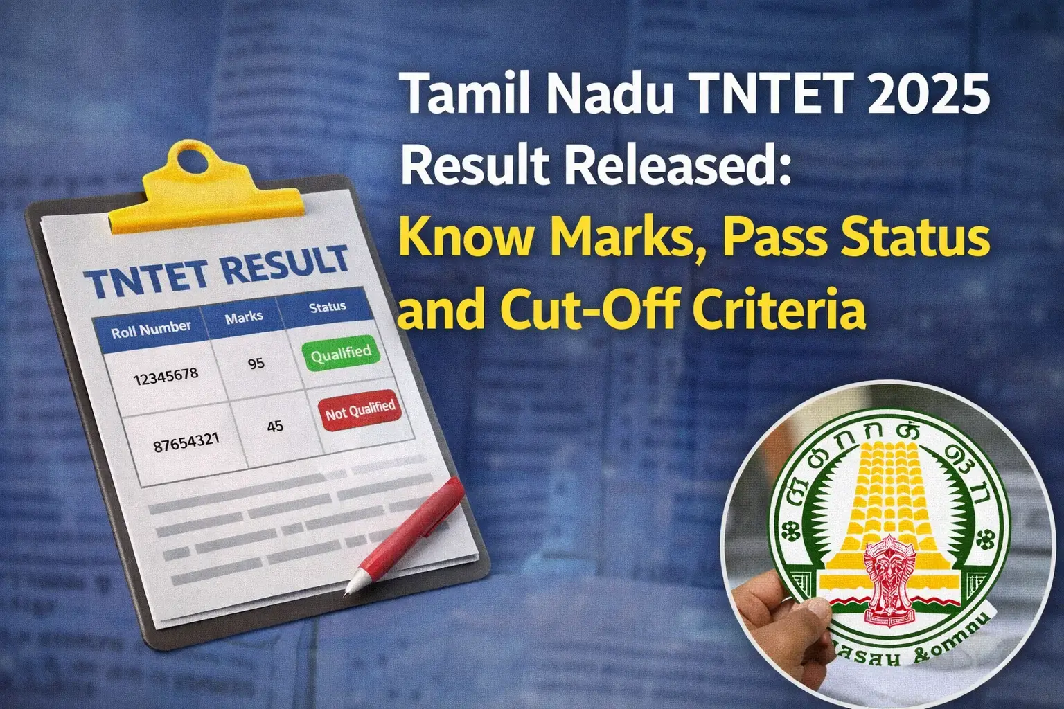 Digital graphic showing Tamil Nadu TNTET 2025 results with a clipboard displaying roll numbers, marks, and pass/fail status, alongside the Tamil Nadu government emblem