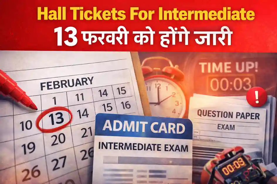 इंटरमीडिएट परीक्षा 13 फरवरी को जारी होने वाले हॉल टिकट का डिजिटल ग्राफिक जिसमें एडमिट कार्ड और कैलेंडर दिखाया गया है