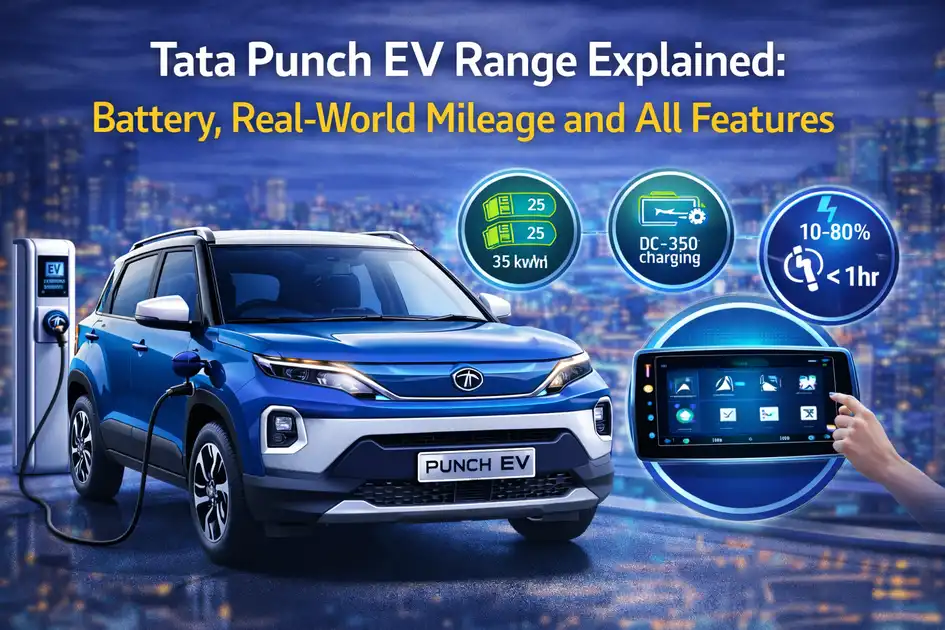 Blue Tata Punch EV charging at an EV station with headline text about range, battery, real-world mileage