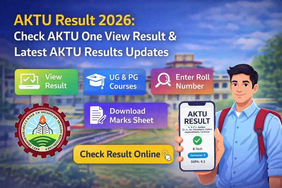 AKTU Result 2026 showing One View Result portal details, UG & PG courses, roll number entry option, and check result online