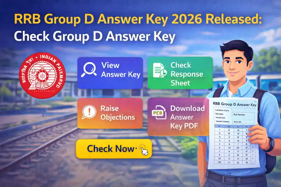 RRB Group D Answer Key 2026 release with railway background, answer key PDF, response sheet, objection option, and