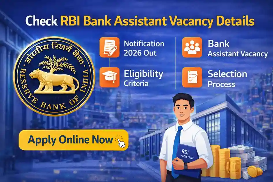 RBI Bank Assistant Vacancy 2026 showing RBI logo, notification highlights, eligibility, selection process, and apply