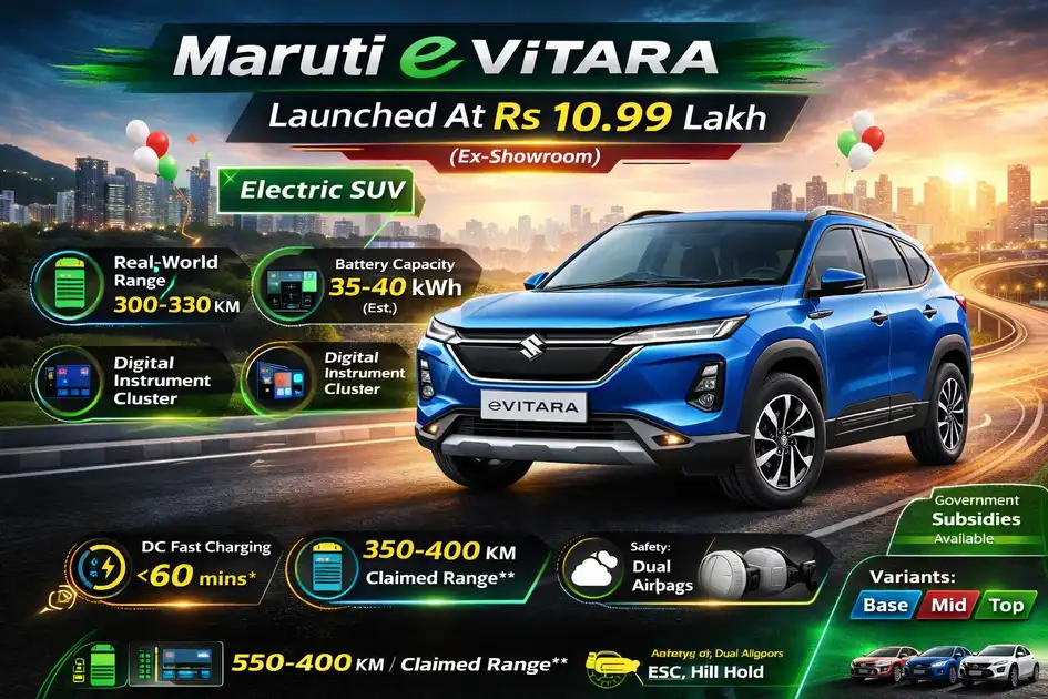 Maruti e Vitara electric SUV with launch price features like battery capacity, real-world range, and fast charging
