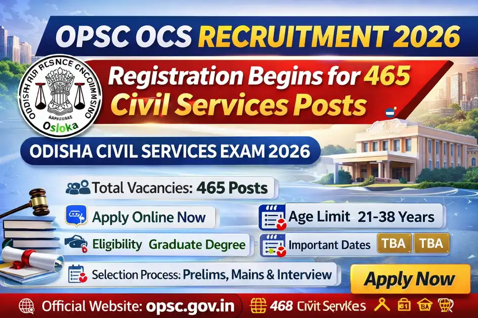 OPSC OCS Recruitment 2026 banner showing 465 Civil Services vacancies, eligibility criteria, age limit 21–38 years and apply online details