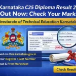 DTE Karnataka C25 Diploma Result 2025 banner showing result announcement, official website dtek.karnataka.gov.in and steps to check marks online