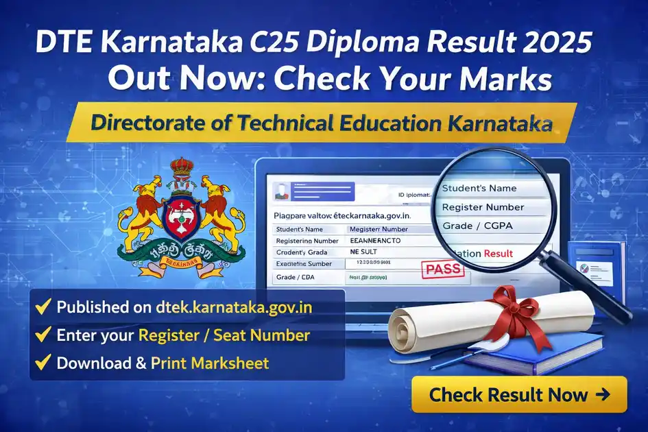DTE Karnataka C25 Diploma Result 2025 banner showing result announcement, official website dtek.karnataka.gov.in and steps to check marks online