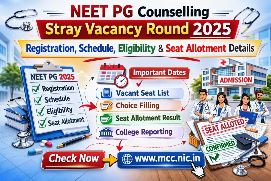 NEET PG Counselling 2025 Stray Vacancy Round banner showing registration, schedule, eligibility and seat allotment details with official MCC website link.