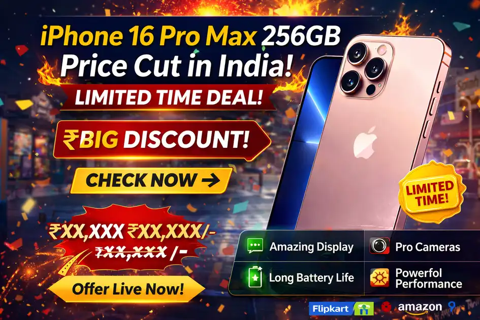 iPhone 16 Pro Max 256GB price cut banner in India showing limited time deal, big discount offer and key features like display, camera and battery.
