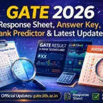 GATE 2026 banner showing response sheet, answer key, rank predictor and latest updates with official website link.