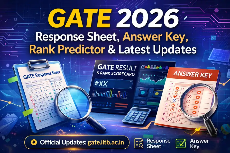 GATE 2026 banner showing response sheet, answer key, rank predictor and latest updates with official website link.
