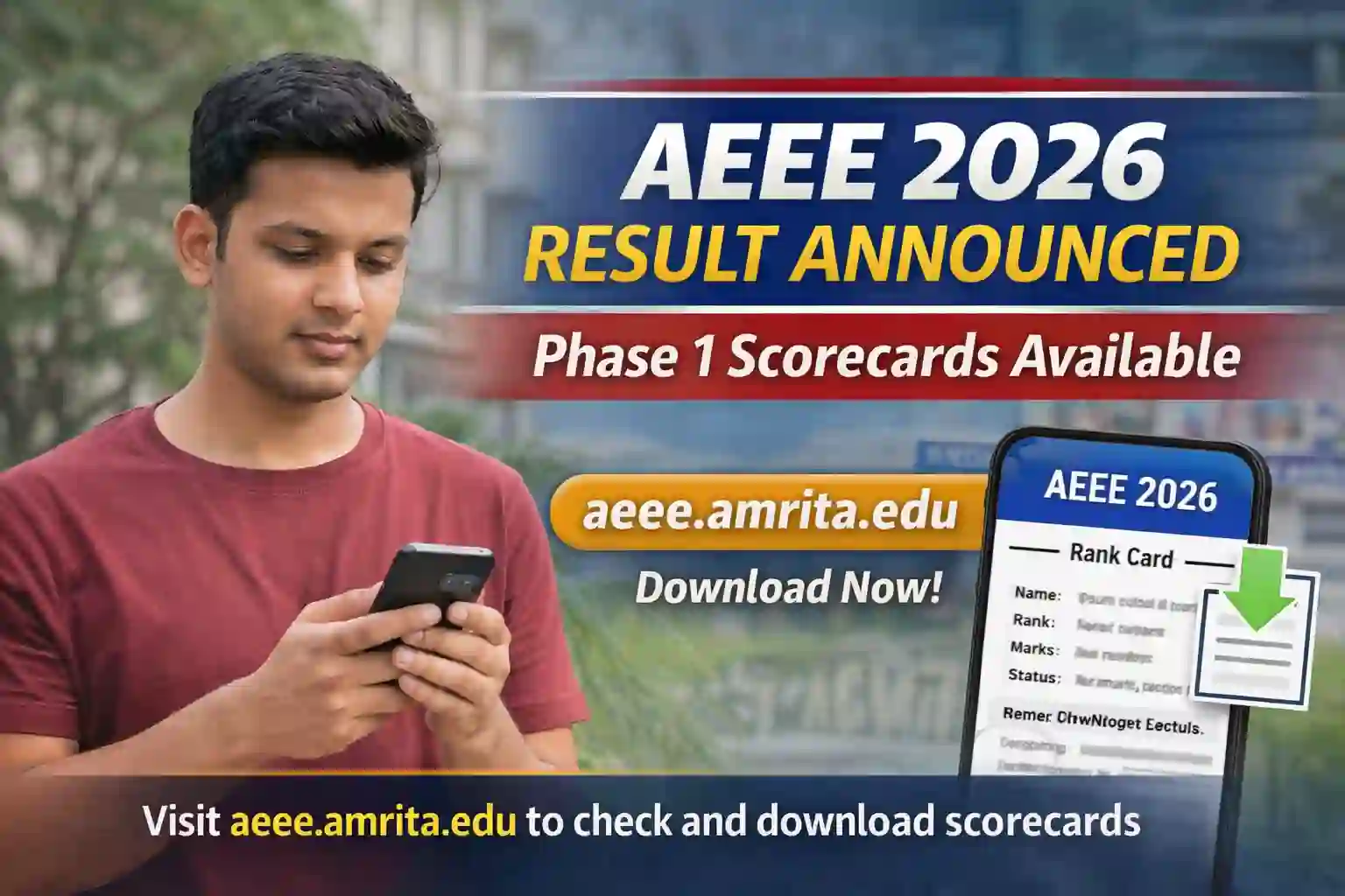 AEEE 2026 Phase 1 result announced with student checking scorecard on official website aeee.amrita.edu