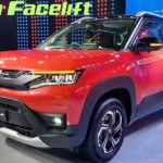 Front three-quarter view of a red compact SUV highlighting LED headlamps, alloy wheels, and modern styling with feature icons in the background