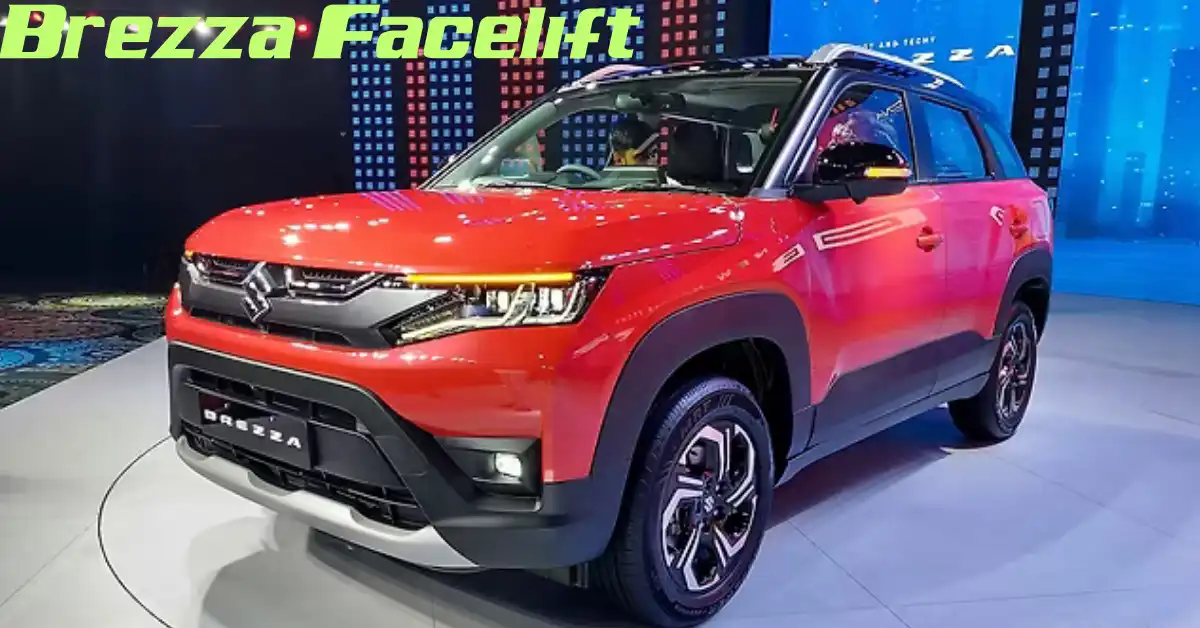Front three-quarter view of a red compact SUV highlighting LED headlamps, alloy wheels, and modern styling with feature icons in the background