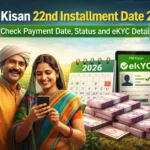 Indian farmer holding smartphone showing PM Kisan payment confirmation in wheat field